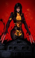 breasts drawing growth giantess mega black_hair color long_hair destruction claws buildings green_eyes blood outgrowing_building school thighs costume looking_at_viewer belt x-men sign wolverine x-23 marvel_comics afizehart