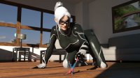 breasts white_hair large_breasts handheld ponytail kneeling window table shrunken_man painting mask thighs indoors costume sofa lamp looking_at_tiny digital_render black_cat playfull spider-man marvel_comics dragging peter_parker felicia_hardy jessicagts