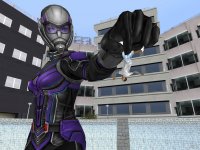 breasts giantess city blue_eyes buildings shoes brunette gloves shorts dangle costume helmet wall pinched looking_at_tiny digital_render bare_legs cassie_lang stature marvel_comics revan67