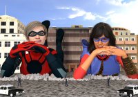 breasts giantess city mega blonde black_hair large_breasts destruction gun buildings green_eyes brown_eyes smiling gloves police lying_down short_hair boots uniform giantesses mask dark_skin bracelet police_cars cracked_ground digital_render cassie_lang stature ms_marvel marvel_comics kamala_khan police_officers looking_at_tinies pandatomi77