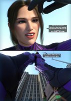 giantess city mega comic butt blue_eyes buildings brunette gloves short_hair looming thighs dialogue running_away pinched looking_at_tiny digital_render cassie_lang stature marvel_comics eonxz