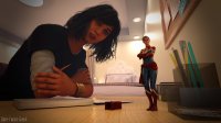 breasts blonde black_hair bed brown_eyes gloves short_hair boots shrunken_woman dark_skin thighs indoors costume bedroom pillows book bracelet lamp pencils pencil_sharpener paperclips looking_at_tiny digital_render ms_marvel marvel_comics captain_marvel kamala_khan carol_danvers bare_faced_cheek