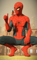 breasts nude city black_hair barefoot buildings asian short_hair shrunken_woman mask thighs crouching costume thumb on_shoulder looking_at_tiny digital_render spider-man marvel_comics peter_parker yuri_watanabe bare-faced-cheek