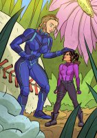 breasts drawing blonde black_hair color blue_eyes angry brunette multiple_sizes gloves ponytail boots hawkeye shrunken_woman grass pants thighs costume flowers belt baseball petting cassie_lang stature marvel_comics fists kate_bishop young_avengers oscar_celestini