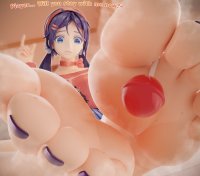 breasts black_hair blue_eyes toes barefoot purple_hair sweat unknown_artist sitting twintails shrunken_man pants choker between_feet on_foot dialogue hairband source_needed purple_nails looking_at_tiny digital_render lolipop