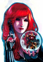 breasts drawing giantess mega color long_hair armor claws handheld cleavage gun red_hair boots shrunken_man mask avengers costume jumpsuit bracelet x-men snowglobe zipper wolverine iron_man no_background black_widow marvel_comics looking_at_tinies stephanie_hans