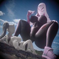 breasts giantess giga city mega black_hair large_breasts destruction claws buildings butt_crush shoes multiple_sizes camel_toe ponytail lying_down foot_crush looming abs mask thighs crouching hood glowing_eyes looking_at_tiny digital_render white_tiger gwen_stacy marvel_comics spider-gwen wotm8h8 hand_on_knee