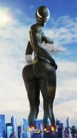breasts giantess city mega large_breasts butt destruction buildings fire fangs clouds looking_at_viewer looking_behind thick_thighs digital_render symbiote spider-man marvel_comics black_skin worsesfm she-venom