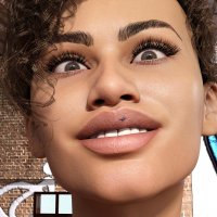 micro brunette brown_eyes smiling shrunken_man mask dark_skin indoors costume on_lips looking_at_tiny digital_render mary_jane spider-man marvel_comics peter_parker michelle_jones anttiergod