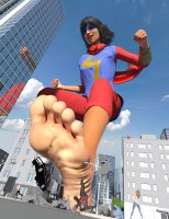 breasts giantess city mega black_hair toes barefoot rampage buildings smiling street short_hair foot_crush mask pants vehicles reflection dark_skin thighs costume ant-man crowds bracelet helmet scarf cracked_ground looking_at_tiny digital_render ms_marvel marvel_comics fists scarlet_witch kamala_khan anttiergod