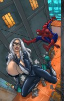breasts drawing growth nipples giantess white_hair city mega color large_breasts long_hair butt destruction claws cleavage high_heels buildings green_eyes gloves street red_hair kneeling muscles mask pants night thighs trash hat jacket alley pot looking_at_tiny black_cat spider-man dumpster marvel_comics gold expansionfan peter_parker felicia_hardy leprechaun