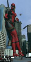 breasts giantess city mega blonde large_breasts destruction sword buildings helicopter police ponytail mask vehicles leaning_against_building costume deadpool belt jumpsuit running_away legs_crossed police_cars coffee_cup van katana digital_render marvel_comics looking_at_tinies police_officer anothercrazysfmstuff lady_deadpool