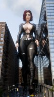 breasts giantess city mega large_breasts cleavage buildings street red_hair short_hair boots foot_crush vehicles thighs belt jumpsuit bracelet vehicle_crush thick_thighs black_nails black_widow digital_render marvel_comics lieutenantdegenerate