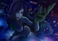 breasts drawing giantess city mega black_hair color large_breasts long_hair butt buildings green_eyes shoes gloves street red_hair kim_possible shego falling pants night thighs disney top belt dropped green_skin looking_at_tiny ondieony