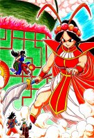 breasts drawing giantess manga mega comic black_hair color large_breasts long_hair skirt shoes goddess ponytail dress boots muscles fighting thighs hat chi_chi armbands looking_at_tiny son_goku bare_legs annin gi area51 son_gohan polearm