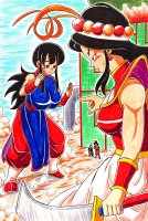 breasts drawing giantess blushing manga mega comic black_hair color large_breasts long_hair skirt shoes goddess ponytail dress boots muscles fighting giantesses thighs hat earrings chi_chi armbands looking_at_tiny son_goku annin gi area51 son_gohan polearm