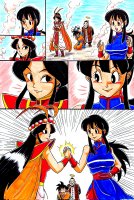 breasts drawing giantess blushing manga mega comic black_hair color large_breasts long_hair skirt shoes goddess ponytail dress boots kneeling muscles giantesses thighs hat chi_chi armbands looking_at_tiny son_goku bare_legs annin gi area51 son_gohan