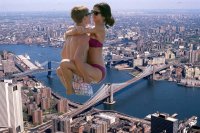 breasts giantess collage giga city swimsuit bridge giant water buildings brunette couple unknown_artist sunglasses thighs ships earrings new_york_city brooklyn_bridge source_needed hair_bun bare_legs bare_midriff