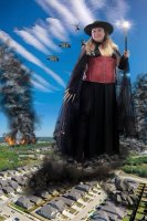 breasts giantess collage mega blonde destruction buildings helicopter dress unknown_artist witch fire vehicles smoke source_needed magic_wand witch_hat