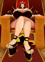 breasts drawing giantess mega black_hair color large_breasts toes cleavage slave sitting queen shrunken_woman dark_skin platforms foot_slave toph nail_polish top throne katara legs_crossed azula ty_lee mai avatar_the_last_airbender suki looking_at_tiny on_breasts bare_legs idooodlestuff