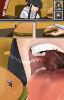 drawing white_hair vore comic black_hair color tongue saliva unaware shrunken_man eating open_mouth swallowed ace_attorney dialogue holding_on french_fries hamburger maya_fey scrungee