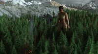 breasts giantess mega black_hair large_breasts cleavage bra fire mountains tribal forest dark_skin smoke hunting thighs tattoo trees knife looking_at_tiny digital_render loincloth bare_legs makeshift_clothing bare_midriff giantesslover45