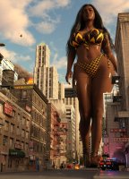 breasts giantess city mega black_hair large_breasts long_hair swimsuit destruction toes rampage cleavage buildings helicopter street sandals foot_crush fire dark_skin thighs necklace running_away police_car thick_thighs water_tower digital_render bare_legs yellow_nails naval_ring bare_midriff giantesslover45