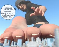 breasts giantess giga city mega black_hair large_breasts long_hair toes barefoot buildings glasses jeans kneeling hat sweater dialogue looking_behind digital_render marvel_comics bare_midriff darcy_lewis anttiergod
