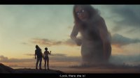giantess nude giga city mega long_hair blue_eyes water buildings goddess kneeling shorts pants clouds fist top dialogue glowing_eyes digital_render convenient_censorship bare_legs bare_midriff looking_at_tinies krieginax