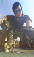 breasts giantess mega blonde black_hair destruction handheld gun buildings blood military gloves street short_hair kneeling foot_crush fire fighting sunglasses pants vehicles reflection cigarette jacket hanging_on army_vehicles zipper scarf looking_at_tiny digital_render hair_bun camouflage camo_pants giantesslover45