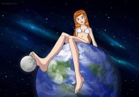 breasts drawing giantess earth giga space color long_hair swimsuit destruction toes barefoot cleavage green_eyes red_hair sitting stars orange_hair gwen_tennyson ben_10 cosmic_giantess bare_legs sitting_on_planet bare_midriff personmanguy1234