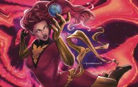 breasts drawing giantess earth space color large_breasts long_hair butt yellow_eyes gloves red_hair boots reaching thighs costume belt stars phoenix x-men glowing_eyes cosmic_giantess jean_grey marvel_comics silly_lili almendriww