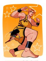 breasts drawing giantess mega black_hair color large_breasts long_hair barefoot brown_eyes giganta short_hair boots muscles shorts fighting thighs fist costume wonder_woman leotard bracelet orange_hair lasso looking_at_tiny dc_comics hair_bun vin_lopez