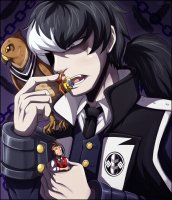 breasts drawing vore black_hair color long_hair giant handheld brunette gloves ponytail short_hair tie shrunken_woman shrunken_man chain jacket ace_attorney orange_hair vest apollo_justice athena_cykes looking_at_tinies falcon hair_streak simon_blackquill youkaichan