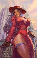 breasts drawing giantess city mega black_hair color large_breasts long_hair blue_eyes cleavage buildings stockings gloves carmen_sandiego cosplay thighs leaning_against_building hat belt iris bare_legs trench_coat mtolympuscomics