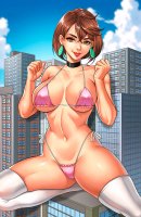 breasts drawing giantess panties city mega color large_breasts cleavage bra buildings brunette stockings brown_eyes short_hair lingerie thighs choker earrings looking_at_viewer sitting_on_building diana bare_legs bare_midriff mtolympuscomics