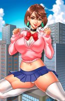 breasts drawing giantess panties city mega upskirt color large_breasts cleavage skirt buildings brunette stockings brown_eyes short_hair uniform thighs sweater choker earrings looking_at_viewer sitting_on_building diana bare_legs bare_midriff mtolympuscomics