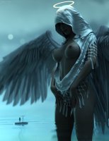 breasts nipples giantess wings mega angel large_breasts butt water topless looming boats thighs halo wading hood looking_at_tiny digital_render bare_legs caddyisraddy