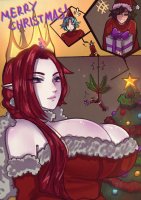 breasts drawing black_hair color large_breasts cleavage blue_hair purple_eyes christmas elf red_hair crown mistletoe shrunken_man christmas_gift christmas_tree looking_at_tiny pointed_ears dangled santa_suit aik_bgirl orphelith