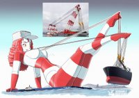 breasts drawing nipples giantess color long_hair toes water ocean brown_eyes red_hair sitting boats thighs lifting hat ships crane cargo_ship adorablebastard lifting_ship