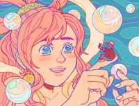 drawing gentle giantess blushing manga color long_hair blue_eyes one_piece mermaid pink_hair short bubbles hat earrings shirahoshi luffy on_finger looking_at_tiny natade_art