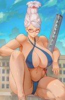 breasts drawing giantess white_hair panties city mega color large_breasts swimsuit cleavage bra glasses brown_eyes unknown_artist sitting muscles thighs leaning_against_building earrings source_needed thick_thighs valkyrie bare_legs bare_midriff