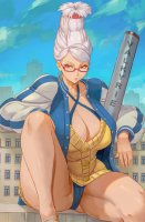 breasts drawing giantess white_hair panties city mega color large_breasts cleavage glasses brown_eyes unknown_artist sitting muscles thighs leaning_against_building sweater jacket earrings source_needed thick_thighs valkyrie bare_legs