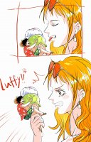 drawing giantess manga black_hair color long_hair tongue handheld nami one_piece angry brown_eyes sandals shorts shrunken_man sunglasses hat shirt earrings dialogue orange_hair luffy icecream nijimomi