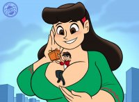 drawing giantess city mega color large_breasts long_hair handheld cleavage buildings shoes brunette brown_eyes smiling christmas pants sweater gift hairband looking_at_tiny cupping_breast between_breasts spunkbug perky_towers