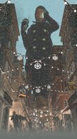 breasts giantess city mega buildings gloves street boots phone looming unaware snow pants hat winter point_of_view crowds coffee_cup imminent_crush crushedboywonder christmas_lights lamppost digital_render winter_clothes clock