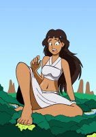 breasts drawing giantess mega black_hair color long_hair destruction toes barefoot skirt water sitting forest river dark_skin avatar top katara legs_crossed avatar_the_last_airbender bare_legs drsgrowth bare_midriff