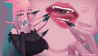 breasts drawing giantess vore color large_breasts long_hair tongue mouth cleavage playful green_eyes brunette pink_hair fangs shrunken_man no_background black_nails looking_at_tiny iwillsunder nadine