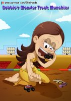 breasts drawing giantess mega color long_hair handheld toes barefoot cleavage brunette stadium kneeling reaching pants vehicles vehicle_vore top ripped_clothing the_loud_house bare_midriff bobbie_fletcher elligrande monster_truck