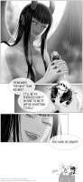breasts drawing giantess horns wings manga mega comic monochrome black_hair long_hair handheld nico_robin one_piece cleavage demoness fangs hat jacket tattoo dialogue looking_at_tiny convenient_censorship 321sunnyrain